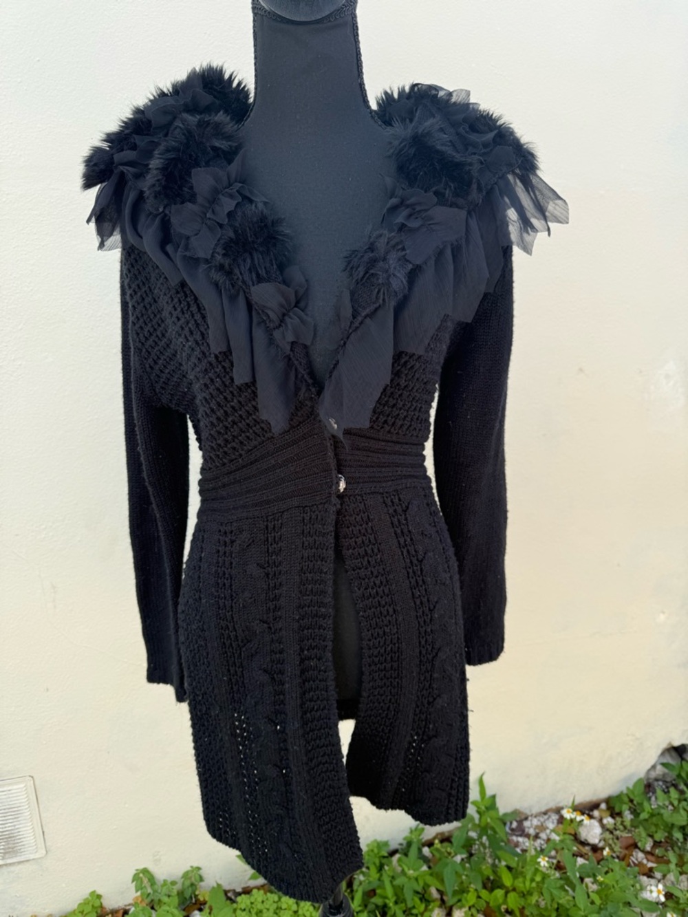 Cache Black Knit Cardigan with Ruffled Feather Trim - Picture 2 of 4
